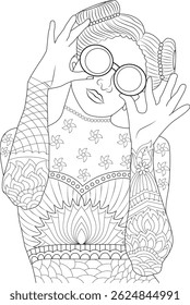 Retro Fashion Line Art Coloring Page, Line art illustration of a stylized person in a retro fashion style, possibly inspired by 90s trends, wearing round sunglasses and patterned clothing, suitable