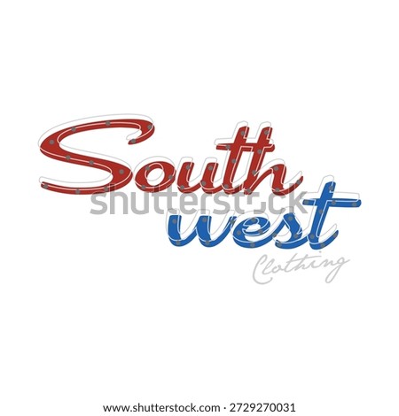 Retro fashion logo design. Vector illustration of South West text with red and blue script lettering. Vintage clothing brand typography for t-shirt print and apparel.