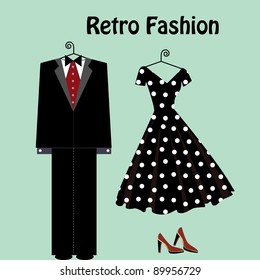 retro fashion male and female on hangers