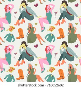 Retro Fashion Model Seamless Pattern. Vintage Woman Background. Faceless Girl. Vector illustration