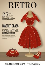 Afiche de moda retro con polka dot dress, vectorial