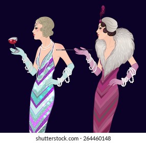 Retro fashion: Style of 1920s. Two pretty flapper girls. Vector illustration. 