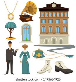 Retro fashion style and architecture, 1910s symbols, clothes and interior decor vector. Pendant and gramophone, window and lamp, purse and footwear. Man in suit with hat and woman in dress, couple