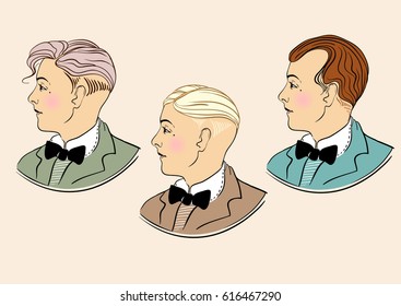 Retro fashion. Typical retro hairstyle set of twenties. Vintage elegant gentlemen.Vector illustration