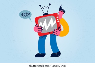 Retro fashioned television set concept. Young man cartoon character standing carrying old fashioned retro antenna television set in hands vector illustration