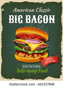 Cartaz de hambúrguer retrô de comida rápida com bacon
Ilustração de um cartaz texturizado de design vintage e grunge, com ícone de hambúrguer de bacon grande, para lanches rápidos e menu takeaway