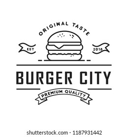 Retro fast food burger badge logo design. Perfect for modern hipster burger joints. Modern black background with white icon