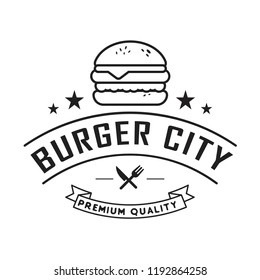 Retro fast food burger badge logo design. Perfect for modern hipster burger joints. Modern black background with white icon