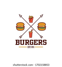 Retro fast food burger badge logo design. Perfect for modern hipster burger joints. Vector Illustrtion