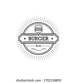 Retro fast food burger badge logo design. Perfect for modern hipster burger joints. Vector Illustrtion