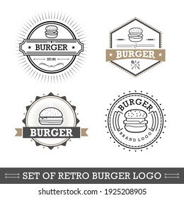 Retro fast food burger badge logo design. Perfect for modern hipster burger joints. Vector Illustrtion set. Fit to your restaurant or cafe