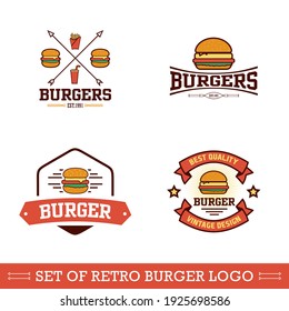 Retro fast food burger badge logo design. Perfect for modern hipster burger joints. Vector Illustrtion set. Fit to your restaurant or cafe