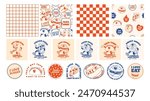 Retro fast food. Cartoon stickers and seamless patterns with groovy food mascot. Comic food characters for cafe menu. Patches taco, hot dog and burger. Vector templates