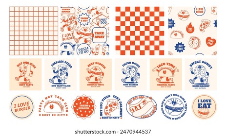 Retro fast food. Cartoon stickers and seamless patterns with groovy food mascot. Comic food characters for cafe menu. Patches taco, hot dog and burger. Vector templates