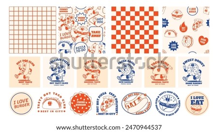 Retro fast food. Cartoon stickers and seamless patterns with groovy food mascot. Comic food characters for cafe menu. Patches taco, hot dog and burger. Vector templates