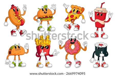 Retro fast food characters. Сartoon burger, pizza, hot dog, french fries, donut, taco mascot groovy funny vector set