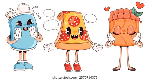 Retro fast food characters set isolated on white. Contemporary vector cartoon illustration of happy foamy soda can, piece of pizza, bubble tea mascots with legs and arms, restaurant menu elements