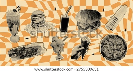 Retro fast food halftone collage set with burger, fries, hot dog, pizza, milkshake, hand holding ice cream, shawarma and more. Vintage street food collection for menu design, branding, posters. Vector illustration