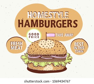 Retro fast food hamburger poster. Hand drawn food illustration. Can be use for fast food, snack and takeaway menu and banner.