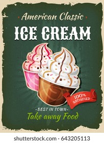 Retro Fast Food Ice Cream Poster/
Illustration of a design vintage and grunge textured poster, with ice cream desserts and sweets, for fast food snack and takeaway menu