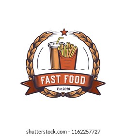 Retro fast food illustration. Hipster emblem logo design. French fries and soda icons