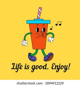 Retro fast food mascot illustrations. Old cartoon style character. A whistling glass of soda is a character. For the design of T-shirts, covers, mugs and more.