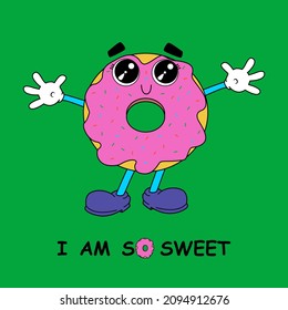 Retro fast food mascot illustrations. Old cartoon style character. Cute donut character and lettering.