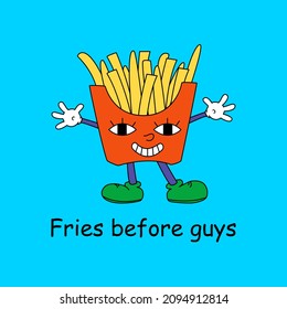 Retro fast food mascot illustrations. Old cartoon style character. French fries with arms and legs and lettering