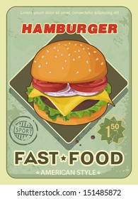 Retro Fast Food Menu hamburger on vintage background. Vector illustration