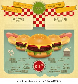 Retro Fast Food Menu. Hamburger and Hot Dogs. Vector illustration