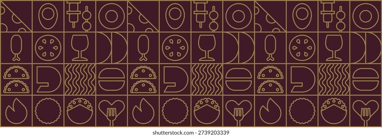 Retro fast food pattern with geometric delivery line style. Restaurant wall mural showcasing a bold geometric fast food mosaic artwork.