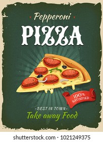 Retro Fast Food Pepperoni Pizza Poster. Illustration of a design vintage and grunge textured poster, with Italian pizza specialty, for fast food snack and takeaway menu