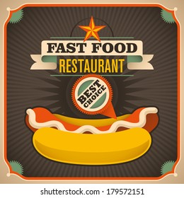 Retro fast food poster with hot dog. Vector illustration.