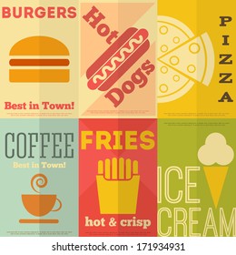 Retro Fast Food Posters Collection in Flat Design Style. Vector Illustration.