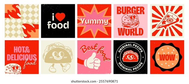 Retro Fast food posters. Set of Vintage Groovy Covers with Burger, Pizza and Burrito Characters. Funky 70s style branding patches for cafes. Flat vector illustration collection isolated on background