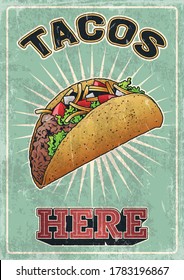 Retro Fast Food Restaurant Menü Werbeplakat, Delicious Taco, Retro Farbe, Grunge Textur Muster 