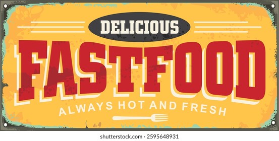 Retro fast food restaurant sign with creative typography and fork graphic. Food and drink advertisement. Vintage vector illustration.