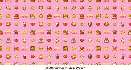 Retro Fast Food Seamless Pattern. Ice Cream, Donuts and Gyoza. 8bit Girlish Pink Pattern for Arcade Game Styled Cafes and Vintage Fabric Designs. Pixelated Tasty Snack Background.