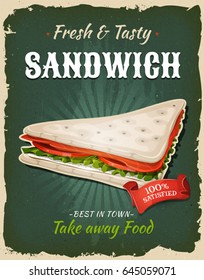 Retro Fast Food Swedish Sandwich Poster/
Illustration of a design vintage and grunge textured poster, with swedish sandwich icon, for fast food snack and takeaway menu