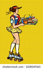 retro fast food waitress on roller skates. Comic book cartoon pop art vector illustration