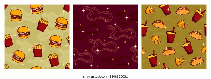  Retro Fastfood vector seamless pattern. Burger, french fries, taco, and soda Pattern on green and red retro colors. Great for packaging, branding, background, fabric, textile, and wrapping paper.
