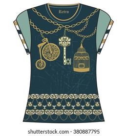 Retro female  t-shirt print design of heraldic key, bird cage, bike, chain gold and turquoise color. Fashion vintage necklace jewelry pattern grunge, steampunk, marine style  - stock vector. 