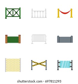 Retro fence icons set. Flat set of 9 retro fence vector icons for web isolated on white background