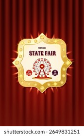 Retro festival State fair emblema com roda gigante e detalhes de ouro. Modelo para marcas de eventos, folhetos, cartazes ou lembranças. Ilustração vetorial vertical