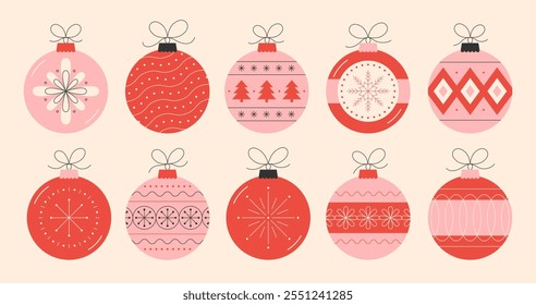 Retro festive Christmas balls in flat style. Vintage colorful christmas ornaments with bows. Vector illustration