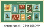 Retro Festive collection of Christmas and New Year postage stamps for envelopes with snowflakes,trees, snake and gifts for holiday greetings.Winter stickers.Poster and cards.Cold season.Holiday days.