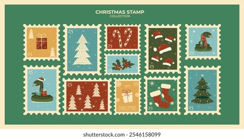 Retro Festive collection of Christmas and New Year postage stamps for envelopes with snowflakes,trees, snake and gifts for holiday greetings.Winter stickers.Poster and cards.Cold season.Holiday days.