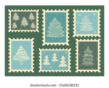 Retro Festive collection of Christmas and New Year postage stamps for envelopes with snowflakes,trees and holiday greetings.Winter stickers.Poster and cards.Cold season.Holiday days.
