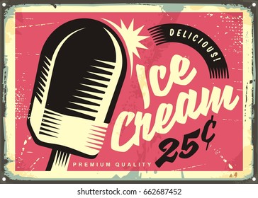 Retro fifties tin sign with delicious ice cream on pink background, Vintage vector illustration.