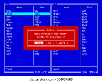 Retro file manager in Unix-like operating system user interface. Command line and blue console.